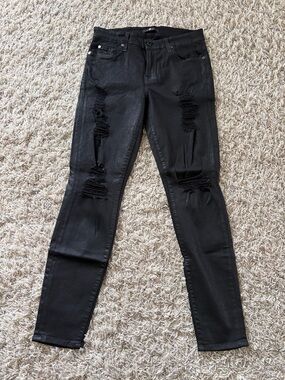7 For All Mankind Skinny Black Distressed Shimmer Coated 29